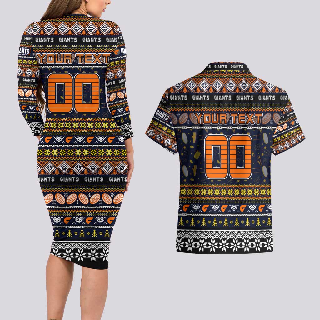 Personalized Giants Rugby Xmas Couples Matching Long Sleeve Bodycon Dress and Hawaiian Shirt Australia AFL Mascot