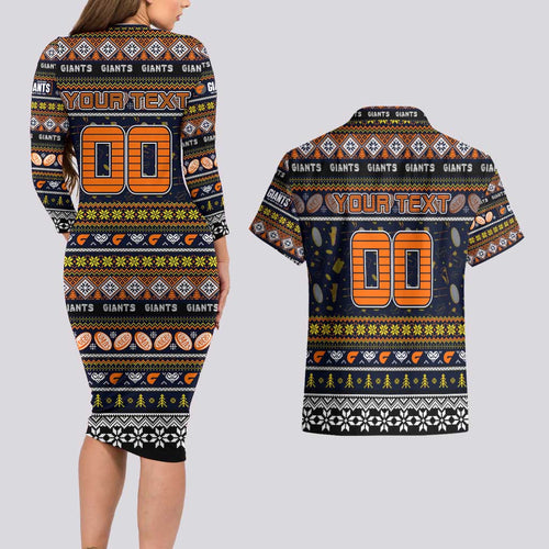 Personalized Giants Rugby Xmas Couples Matching Long Sleeve Bodycon Dress and Hawaiian Shirt Australia AFL Mascot