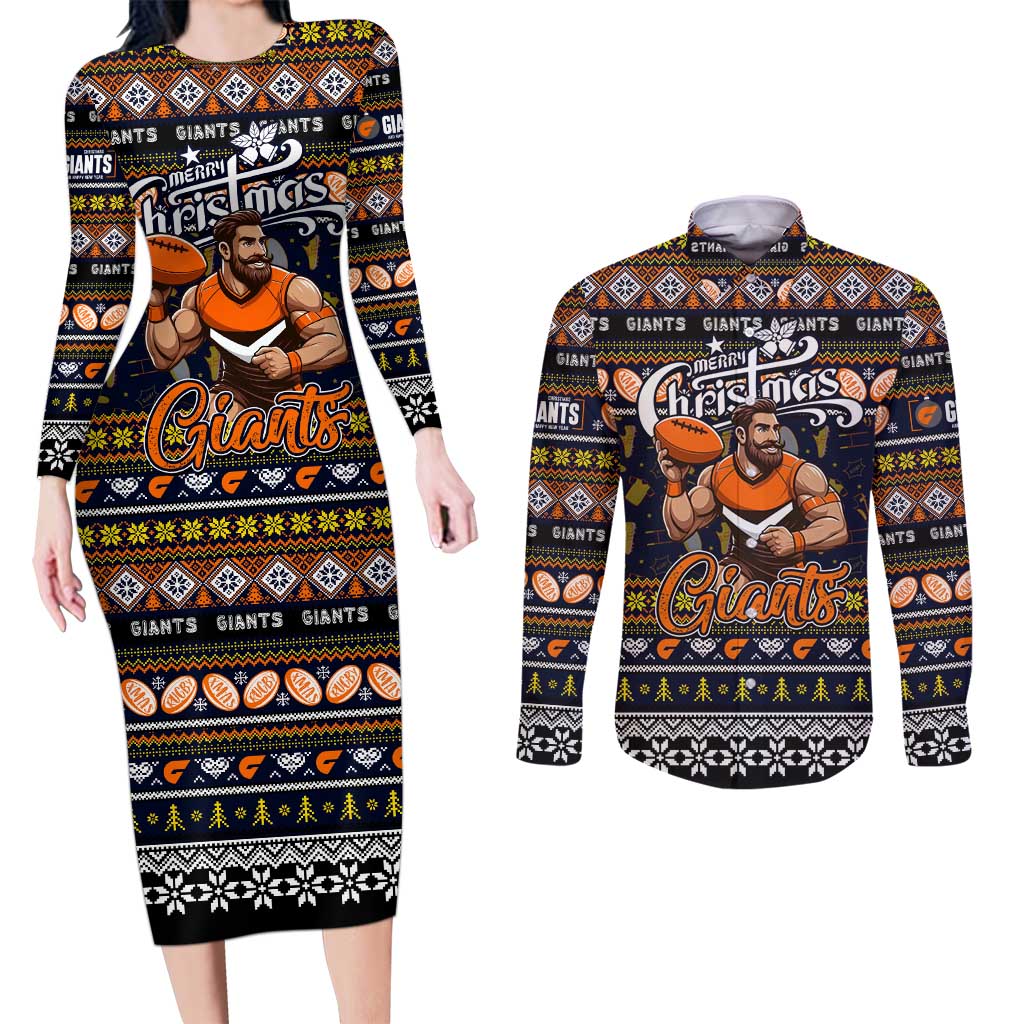 Personalized Giants Rugby Xmas Couples Matching Long Sleeve Bodycon Dress and Long Sleeve Button Shirt Australia AFL Mascot