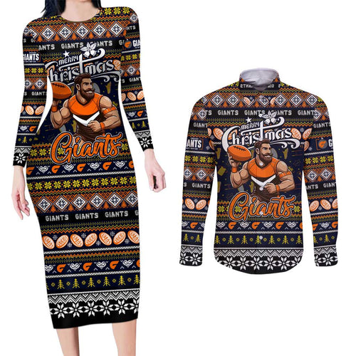 Personalized Giants Rugby Xmas Couples Matching Long Sleeve Bodycon Dress and Long Sleeve Button Shirt Australia AFL Mascot