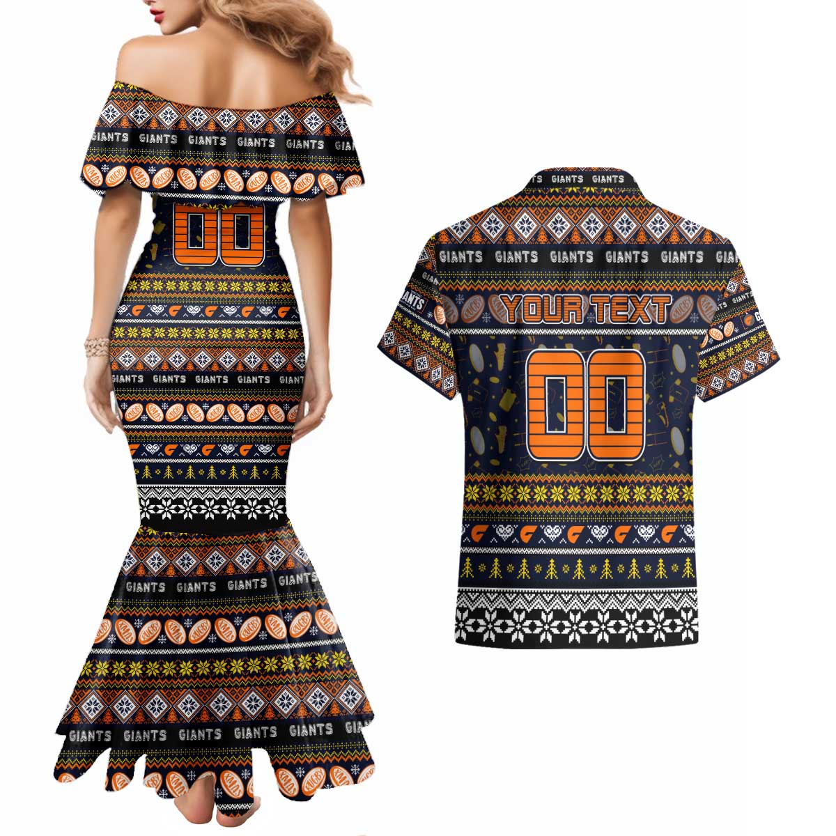 Personalized Giants Rugby Xmas Couples Matching Mermaid Dress and Hawaiian Shirt Australia AFL Mascot