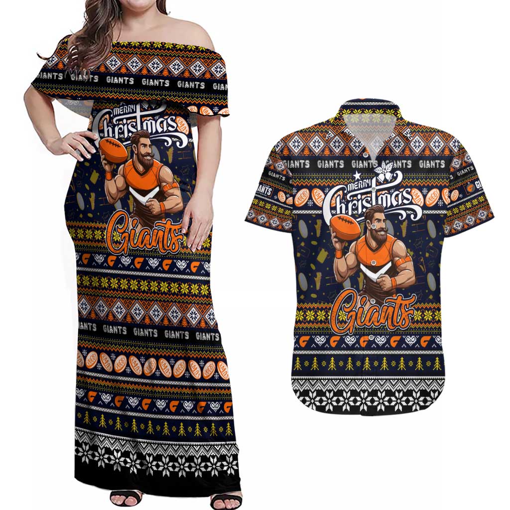 Personalized Giants Rugby Xmas Couples Matching Off Shoulder Maxi Dress and Hawaiian Shirt Australia AFL Mascot