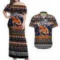 Personalized Giants Rugby Xmas Couples Matching Off Shoulder Maxi Dress and Hawaiian Shirt Australia AFL Mascot