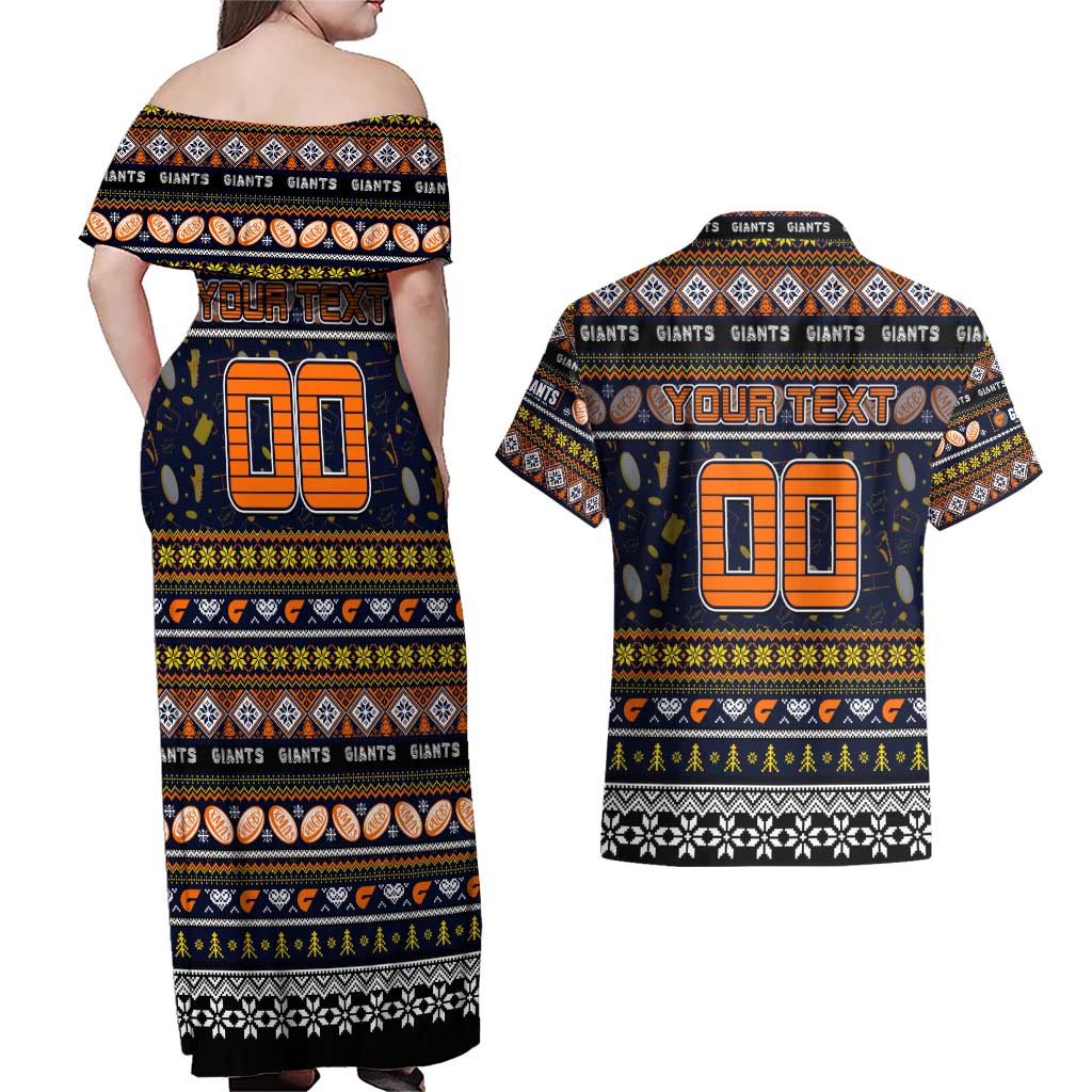 Personalized Giants Rugby Xmas Couples Matching Off Shoulder Maxi Dress and Hawaiian Shirt Australia AFL Mascot