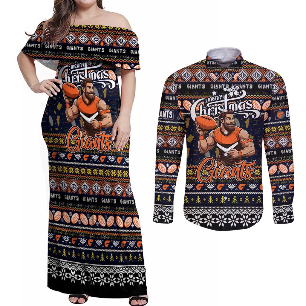Personalized Giants Rugby Xmas Couples Matching Off Shoulder Maxi Dress and Long Sleeve Button Shirt Australia AFL Mascot