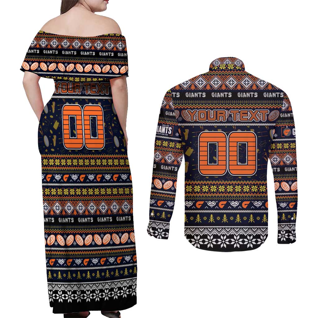Personalized Giants Rugby Xmas Couples Matching Off Shoulder Maxi Dress and Long Sleeve Button Shirt Australia AFL Mascot