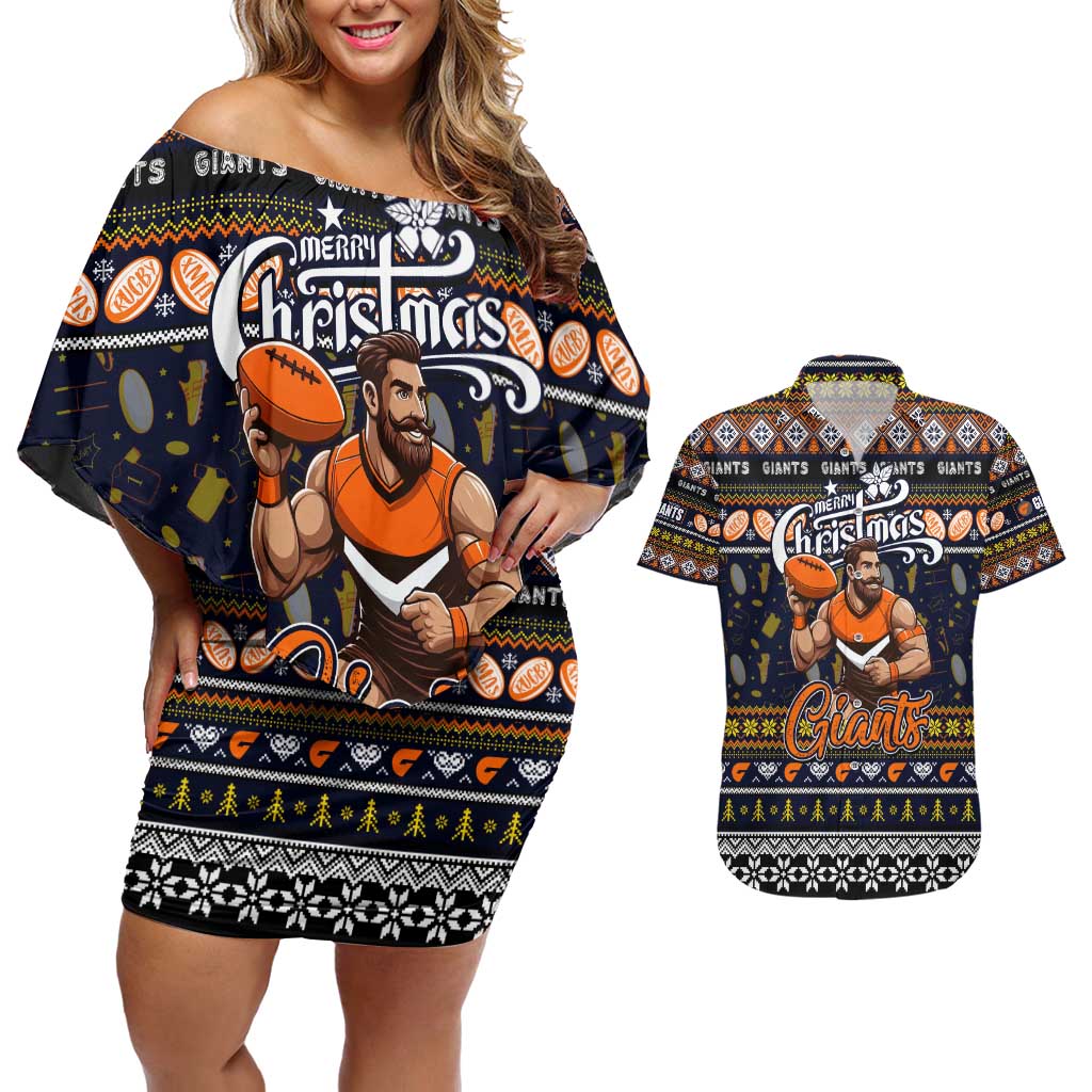 Personalized Giants Rugby Xmas Couples Matching Off Shoulder Short Dress and Hawaiian Shirt Australia AFL Mascot