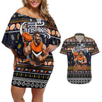 Personalized Giants Rugby Xmas Couples Matching Off Shoulder Short Dress and Hawaiian Shirt Australia AFL Mascot
