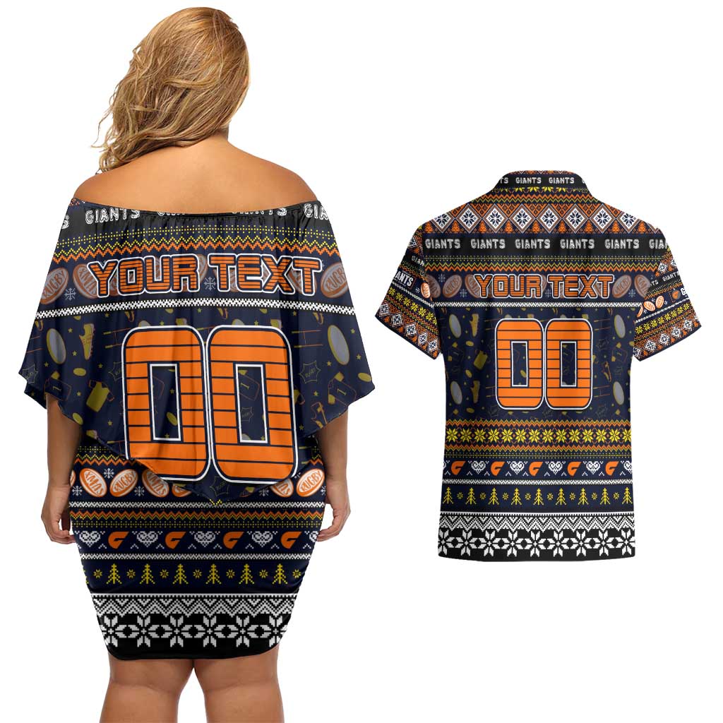 Personalized Giants Rugby Xmas Couples Matching Off Shoulder Short Dress and Hawaiian Shirt Australia AFL Mascot