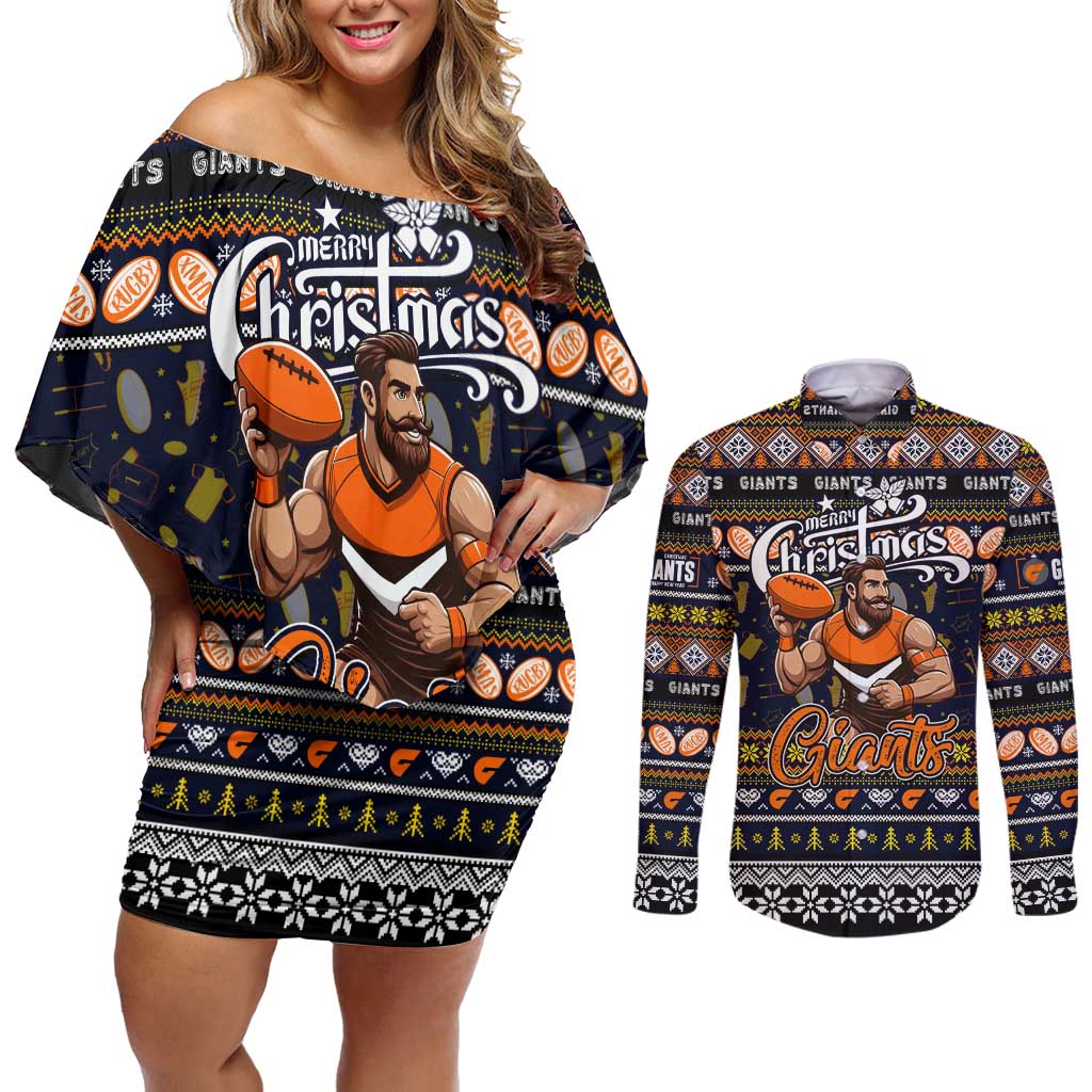 Personalized Giants Rugby Xmas Couples Matching Off Shoulder Short Dress and Long Sleeve Button Shirt Australia AFL Mascot