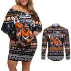 Personalized Giants Rugby Xmas Couples Matching Off Shoulder Short Dress and Long Sleeve Button Shirt Australia AFL Mascot