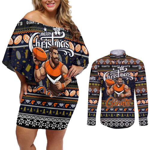 Personalized Giants Rugby Xmas Couples Matching Off Shoulder Short Dress and Long Sleeve Button Shirt Australia AFL Mascot