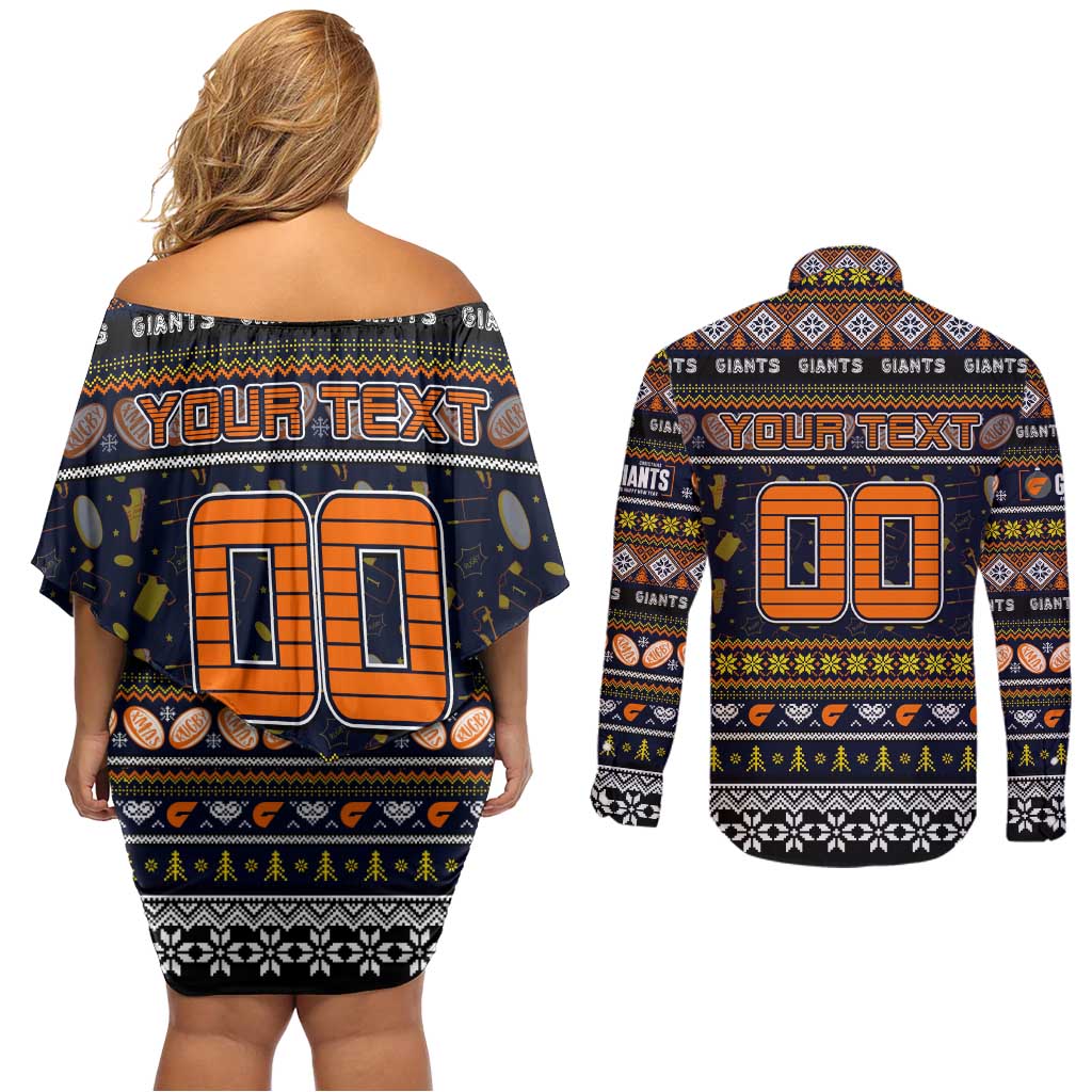 Personalized Giants Rugby Xmas Couples Matching Off Shoulder Short Dress and Long Sleeve Button Shirt Australia AFL Mascot
