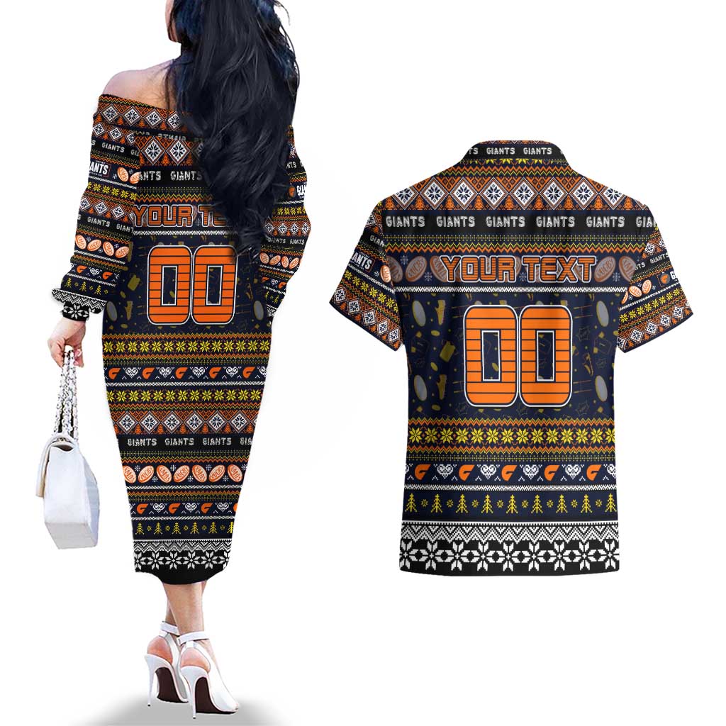 Personalized Giants Rugby Xmas Couples Matching Off The Shoulder Long Sleeve Dress and Hawaiian Shirt Australia AFL Mascot