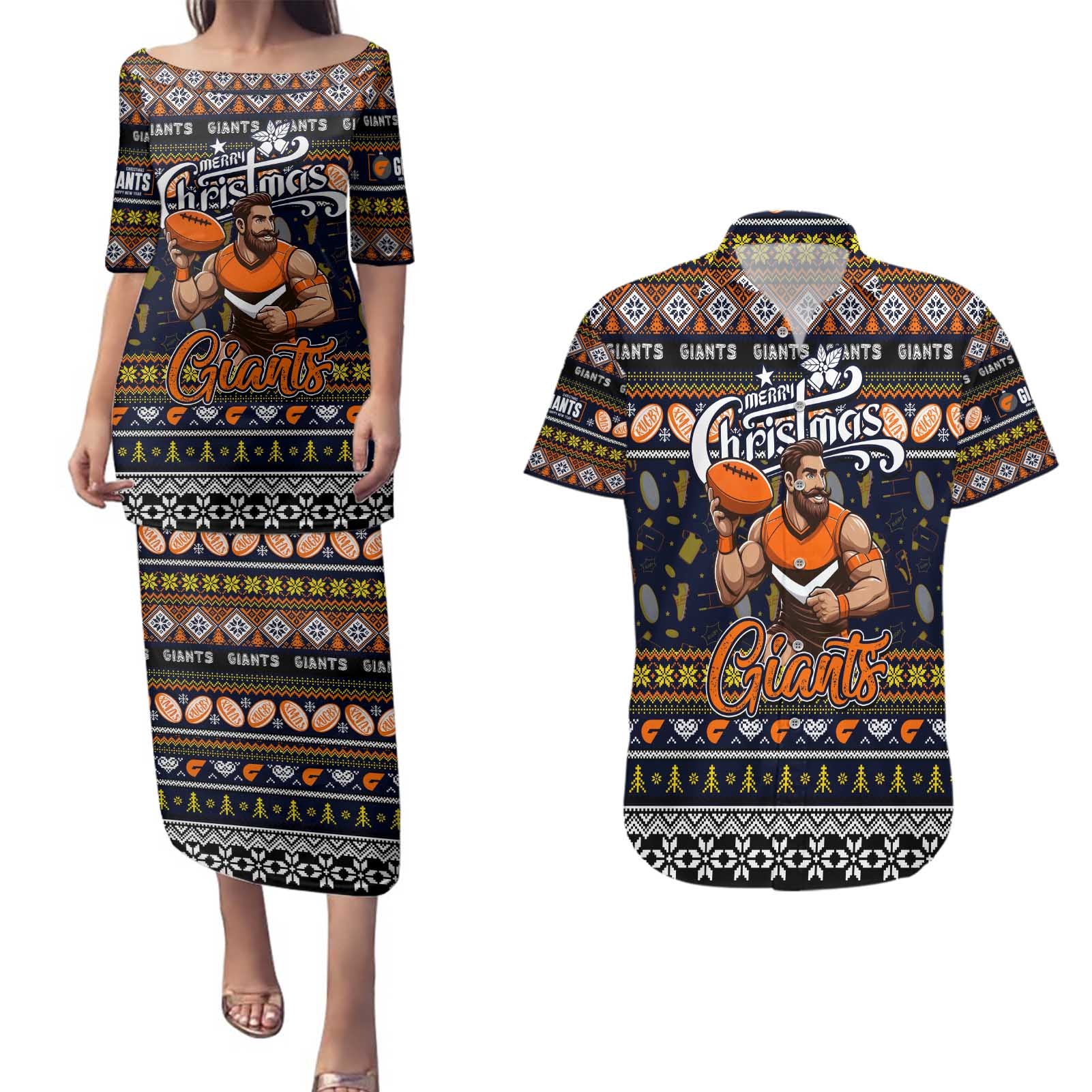 Personalized Giants Rugby Xmas Couples Matching Puletasi and Hawaiian Shirt Australia AFL Mascot