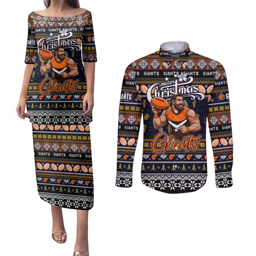 Personalized Giants Rugby Xmas Couples Matching Puletasi and Long Sleeve Button Shirt Australia AFL Mascot