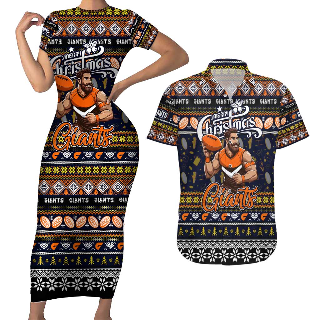 Personalized Giants Rugby Xmas Couples Matching Short Sleeve Bodycon Dress and Hawaiian Shirt Australia AFL Mascot