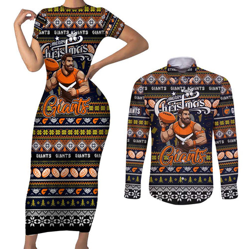 Personalized Giants Rugby Xmas Couples Matching Short Sleeve Bodycon Dress and Long Sleeve Button Shirt Australia AFL Mascot