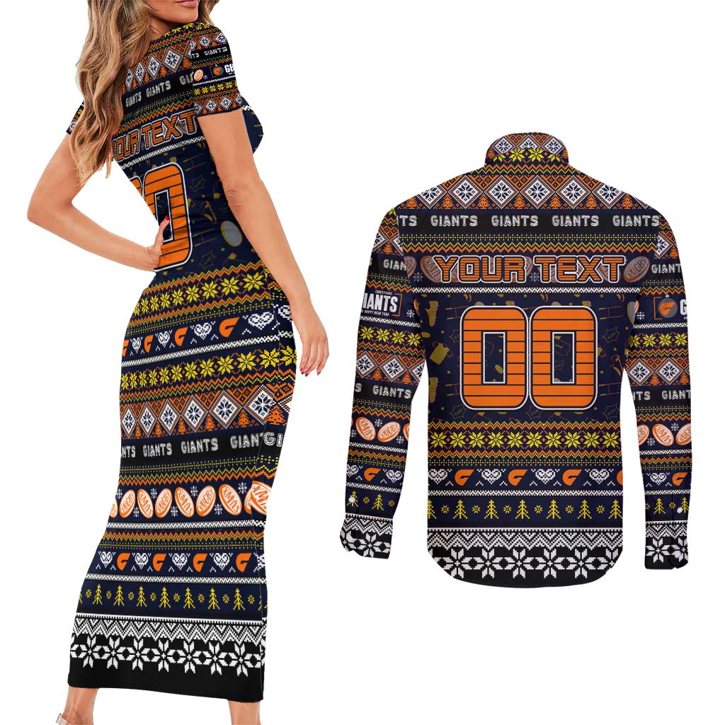 Personalized Giants Rugby Xmas Couples Matching Short Sleeve Bodycon Dress and Long Sleeve Button Shirt Australia AFL Mascot
