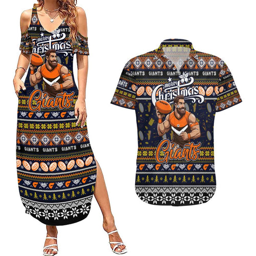 Personalized Giants Rugby Xmas Couples Matching Summer Maxi Dress and Hawaiian Shirt Australia AFL Mascot