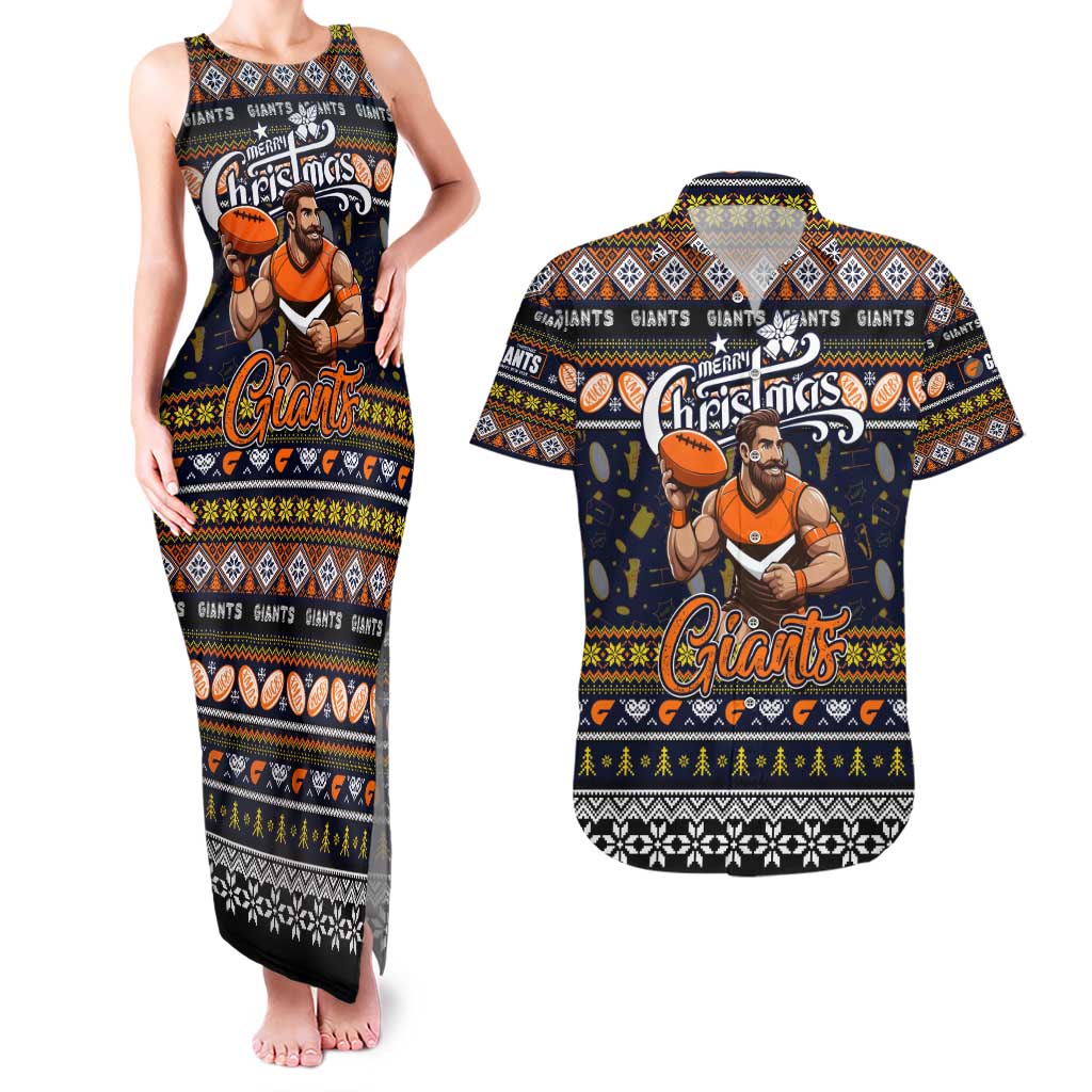 Personalized Giants Rugby Xmas Couples Matching Tank Maxi Dress and Hawaiian Shirt Australia AFL Mascot