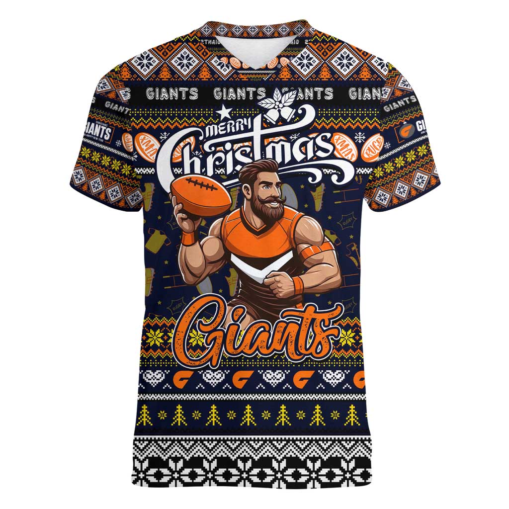 Personalized Giants Rugby Xmas Women V-Neck T-Shirt Australia AFL Mascot