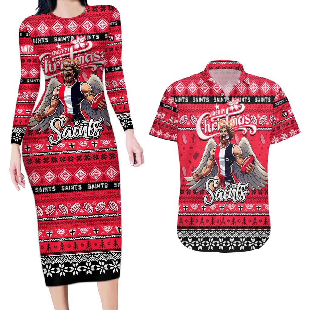 Personalized Saints Rugby Xmas Couples Matching Long Sleeve Bodycon Dress and Hawaiian Shirt Australia AFL Mascot