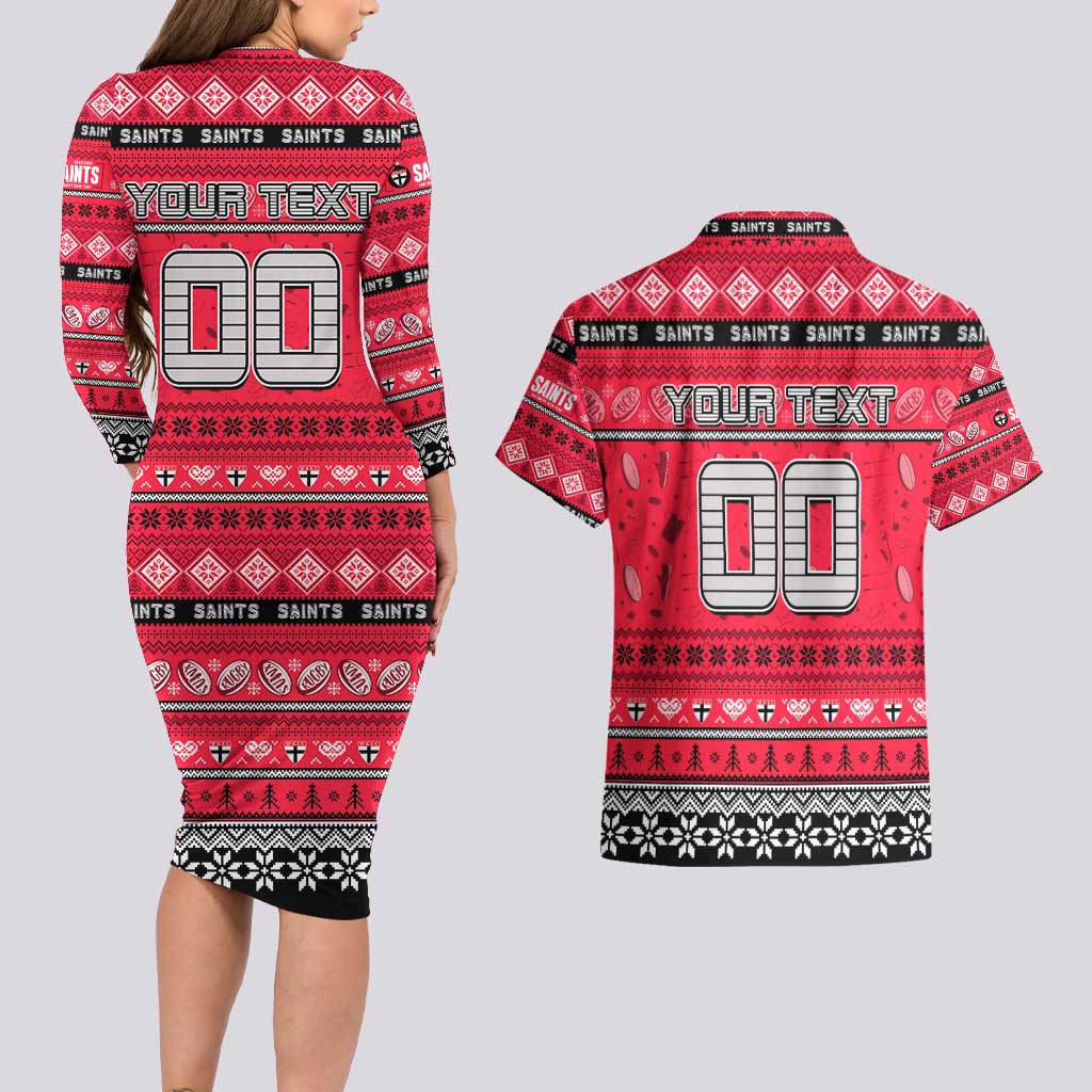Personalized Saints Rugby Xmas Couples Matching Long Sleeve Bodycon Dress and Hawaiian Shirt Australia AFL Mascot