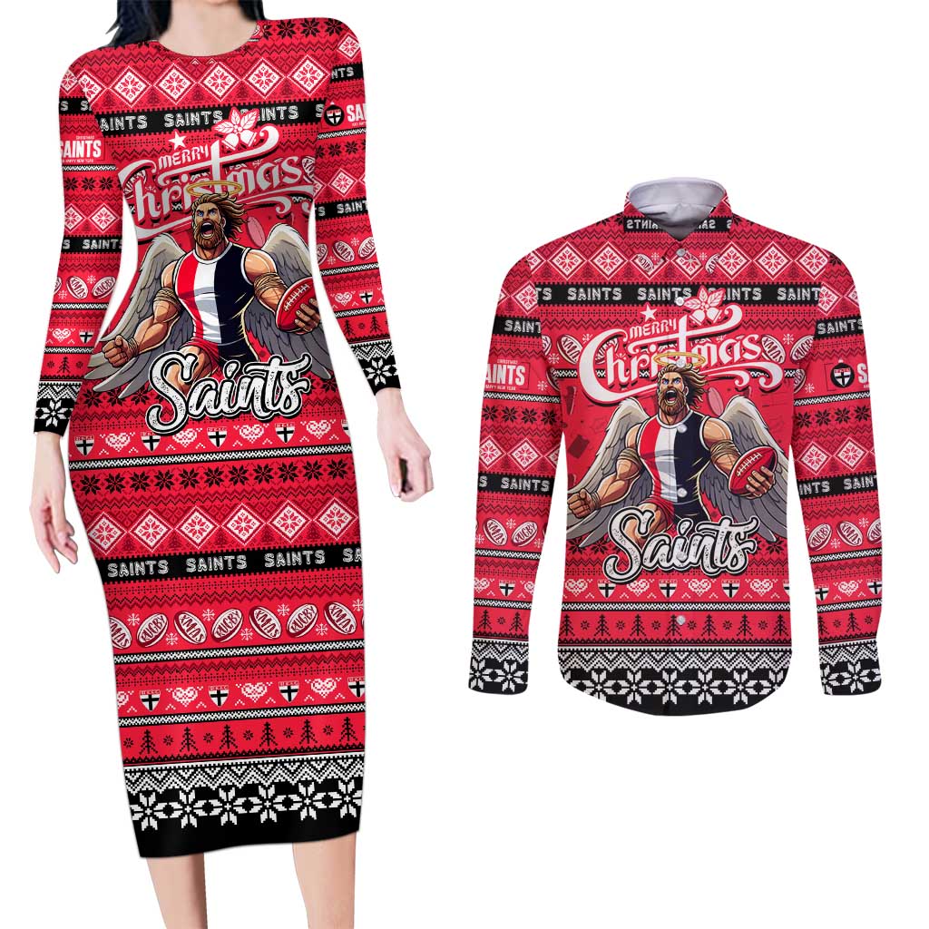 Personalized Saints Rugby Xmas Couples Matching Long Sleeve Bodycon Dress and Long Sleeve Button Shirt Australia AFL Mascot