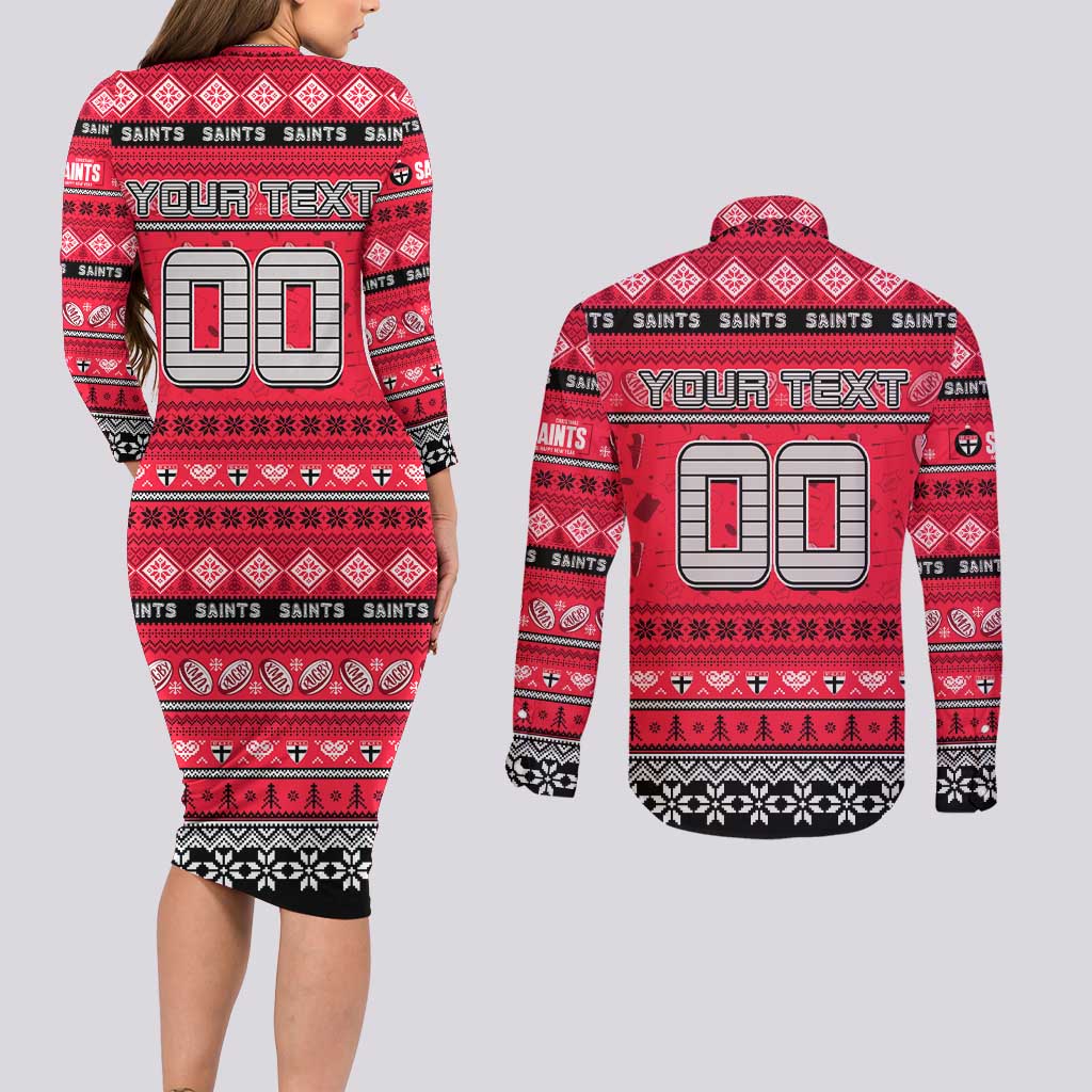 Personalized Saints Rugby Xmas Couples Matching Long Sleeve Bodycon Dress and Long Sleeve Button Shirt Australia AFL Mascot
