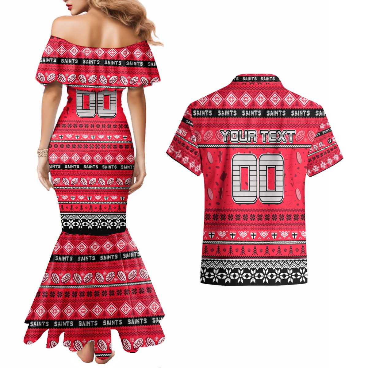 Personalized Saints Rugby Xmas Couples Matching Mermaid Dress and Hawaiian Shirt Australia AFL Mascot