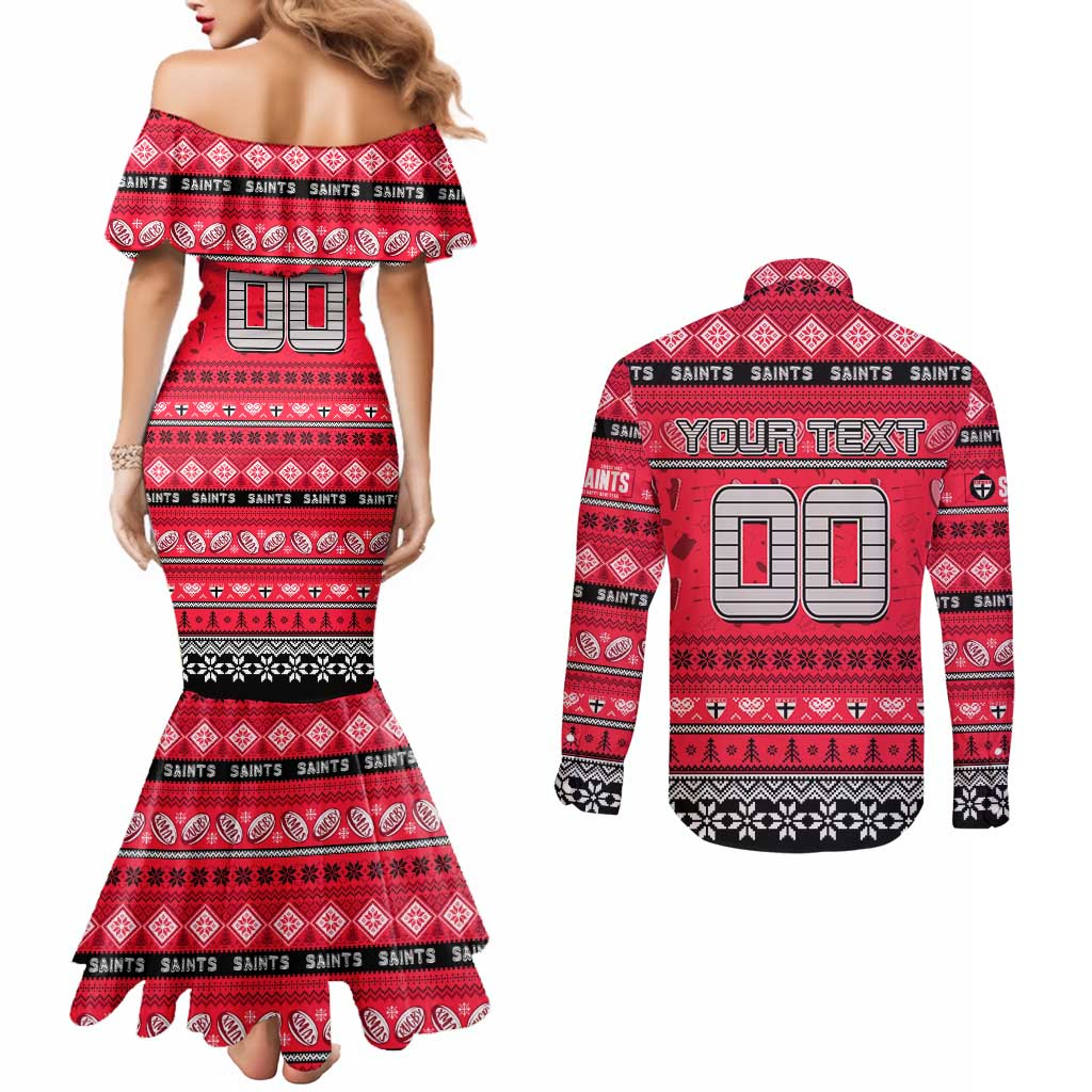 Personalized Saints Rugby Xmas Couples Matching Mermaid Dress and Long Sleeve Button Shirt Australia AFL Mascot