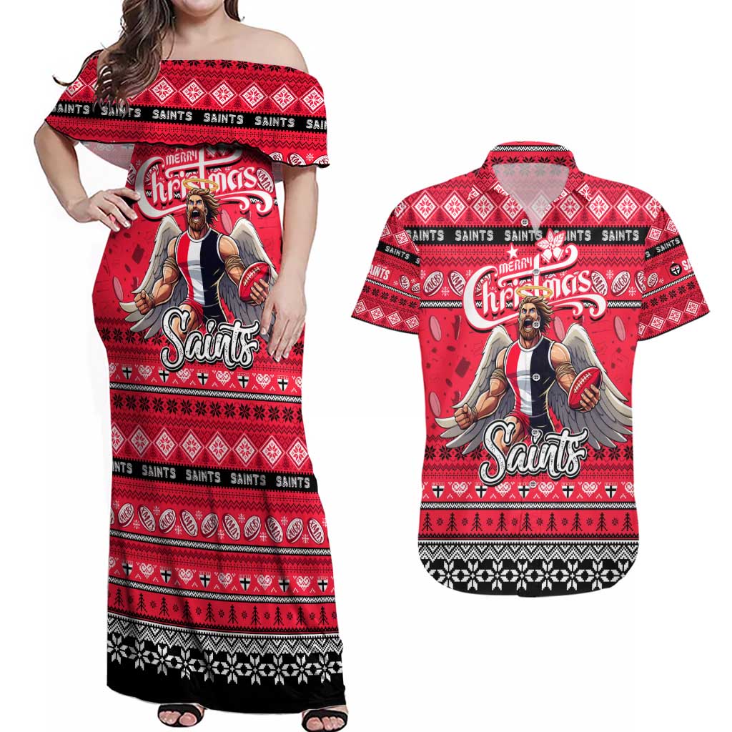 Personalized Saints Rugby Xmas Couples Matching Off Shoulder Maxi Dress and Hawaiian Shirt Australia AFL Mascot