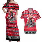 Personalized Saints Rugby Xmas Couples Matching Off Shoulder Maxi Dress and Hawaiian Shirt Australia AFL Mascot