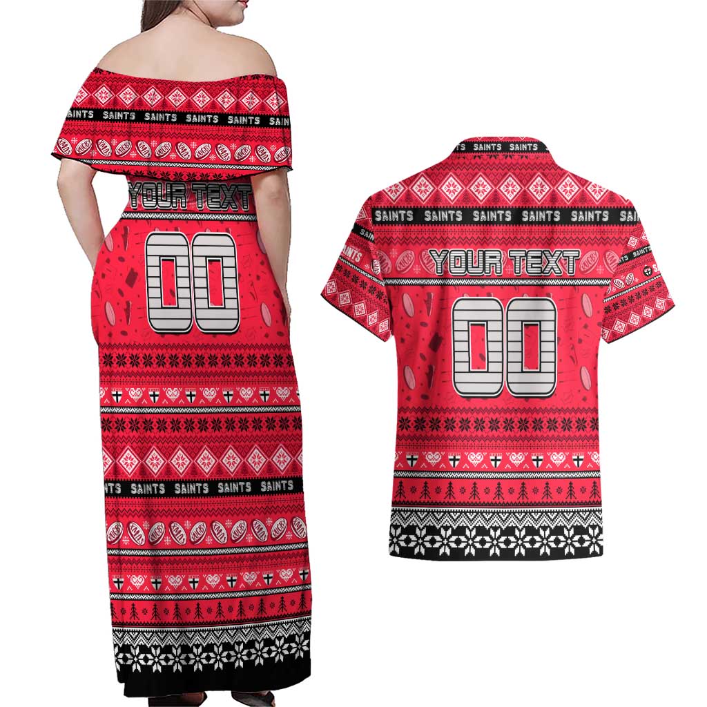 Personalized Saints Rugby Xmas Couples Matching Off Shoulder Maxi Dress and Hawaiian Shirt Australia AFL Mascot