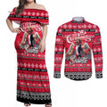 Personalized Saints Rugby Xmas Couples Matching Off Shoulder Maxi Dress and Long Sleeve Button Shirt Australia AFL Mascot