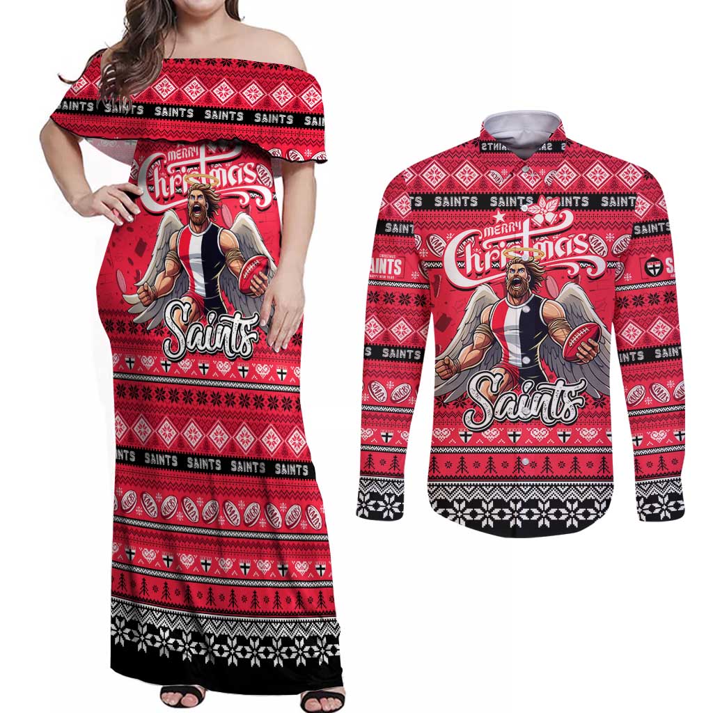 Personalized Saints Rugby Xmas Couples Matching Off Shoulder Maxi Dress and Long Sleeve Button Shirt Australia AFL Mascot