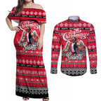 Personalized Saints Rugby Xmas Couples Matching Off Shoulder Maxi Dress and Long Sleeve Button Shirt Australia AFL Mascot