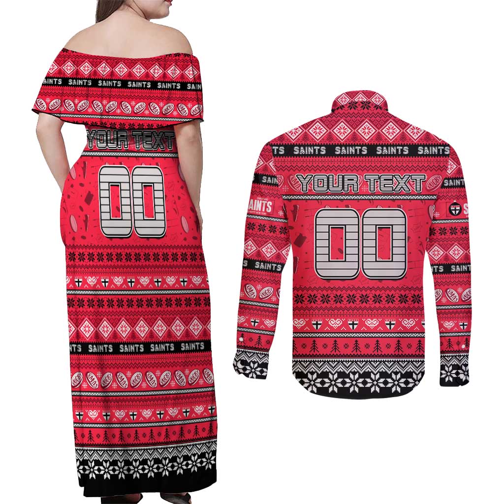 Personalized Saints Rugby Xmas Couples Matching Off Shoulder Maxi Dress and Long Sleeve Button Shirt Australia AFL Mascot