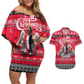 Personalized Saints Rugby Xmas Couples Matching Off Shoulder Short Dress and Hawaiian Shirt Australia AFL Mascot