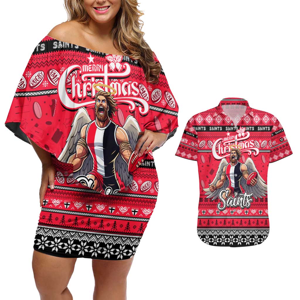 Personalized Saints Rugby Xmas Couples Matching Off Shoulder Short Dress and Hawaiian Shirt Australia AFL Mascot