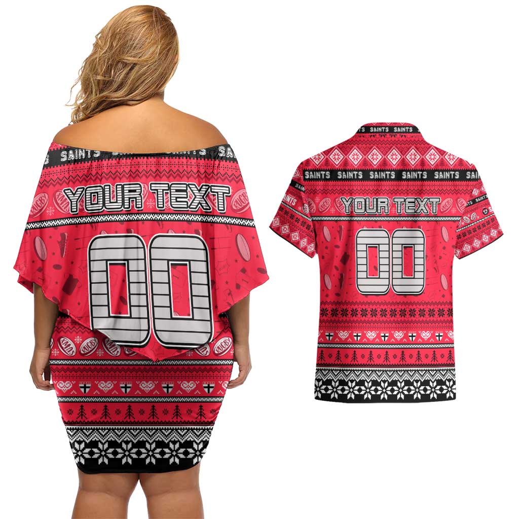 Personalized Saints Rugby Xmas Couples Matching Off Shoulder Short Dress and Hawaiian Shirt Australia AFL Mascot