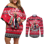Personalized Saints Rugby Xmas Couples Matching Off Shoulder Short Dress and Long Sleeve Button Shirt Australia AFL Mascot