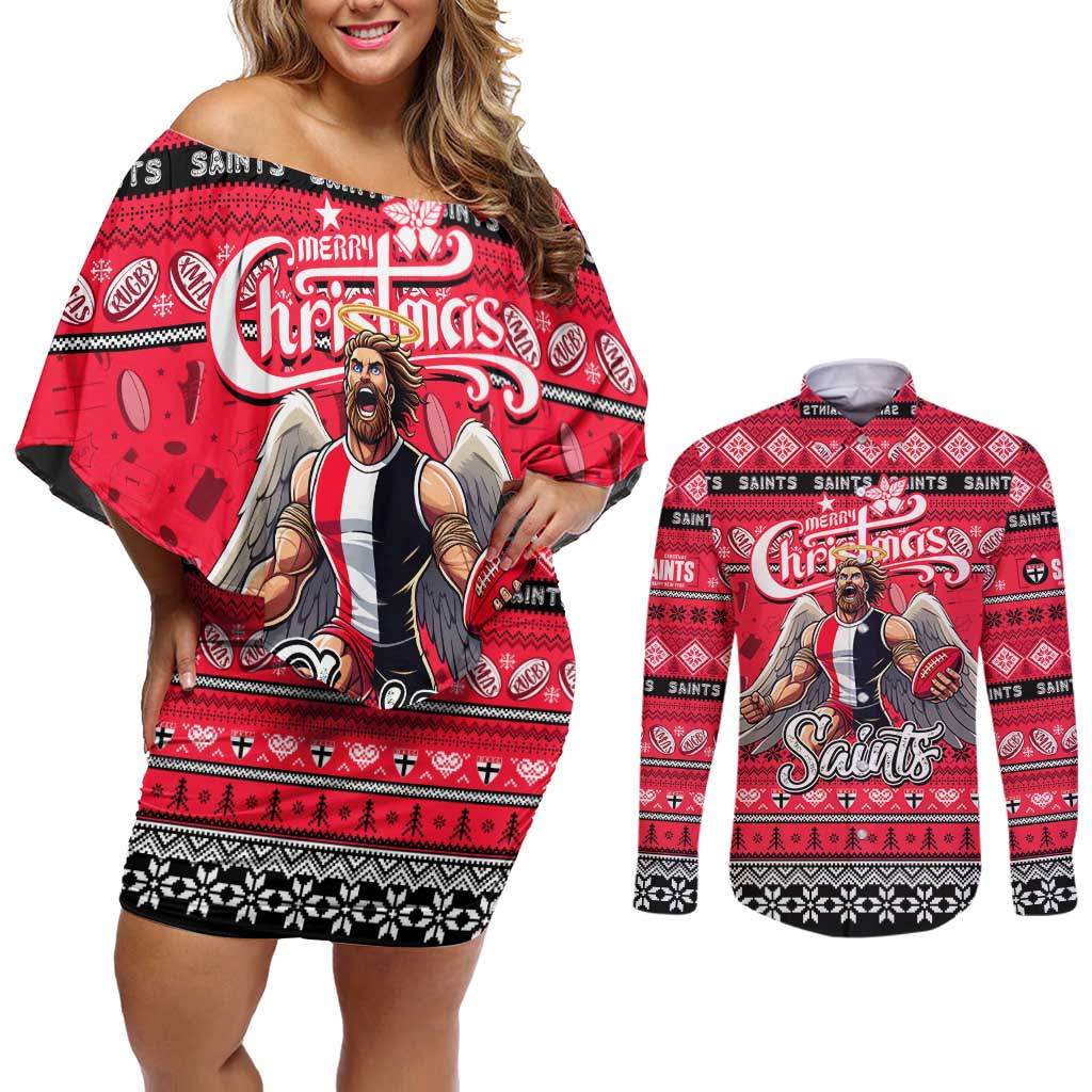 Personalized Saints Rugby Xmas Couples Matching Off Shoulder Short Dress and Long Sleeve Button Shirt Australia AFL Mascot