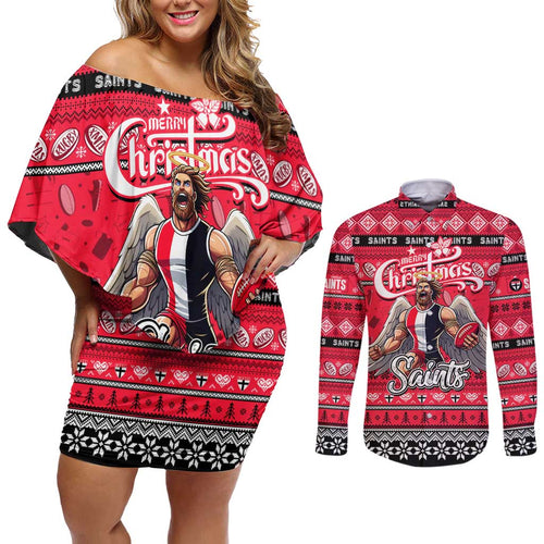 Personalized Saints Rugby Xmas Couples Matching Off Shoulder Short Dress and Long Sleeve Button Shirt Australia AFL Mascot