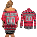 Personalized Saints Rugby Xmas Couples Matching Off Shoulder Short Dress and Long Sleeve Button Shirt Australia AFL Mascot