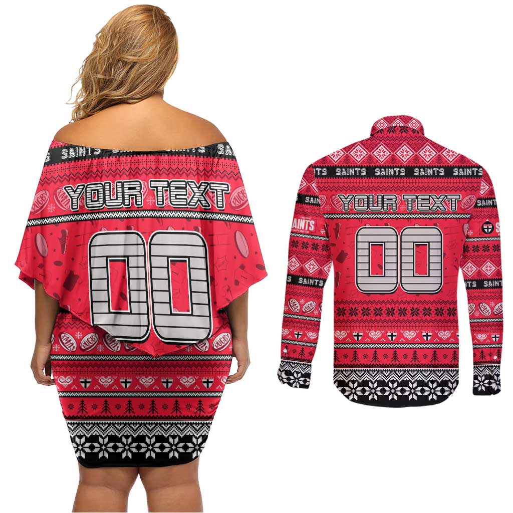 Personalized Saints Rugby Xmas Couples Matching Off Shoulder Short Dress and Long Sleeve Button Shirt Australia AFL Mascot