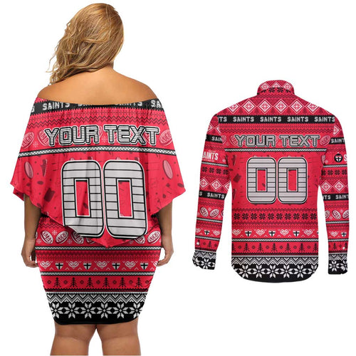 Personalized Saints Rugby Xmas Couples Matching Off Shoulder Short Dress and Long Sleeve Button Shirt Australia AFL Mascot