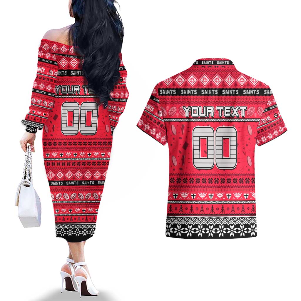 Personalized Saints Rugby Xmas Couples Matching Off The Shoulder Long Sleeve Dress and Hawaiian Shirt Australia AFL Mascot