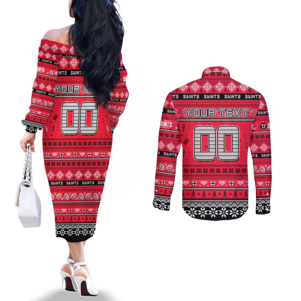 Personalized Saints Rugby Xmas Couples Matching Off The Shoulder Long Sleeve Dress and Long Sleeve Button Shirt Australia AFL Mascot